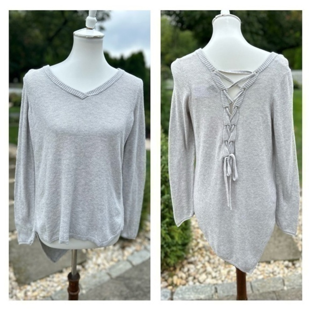 Democracy cotton and angora blend v-neck top with lace up back